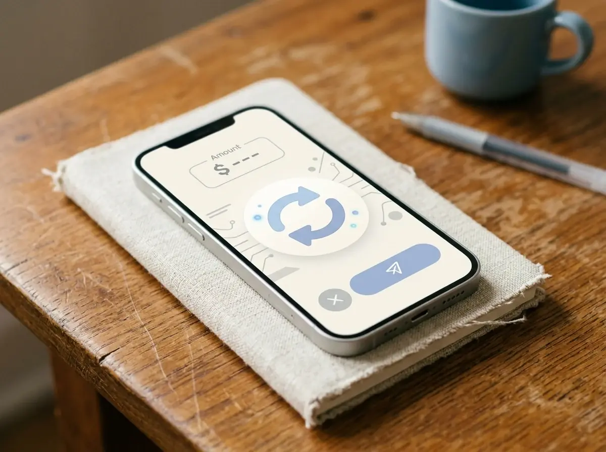 Smartphone genérico apoyado sobre un cuaderno mostrando una interfaz de pago instantáneo con icono de transferencia