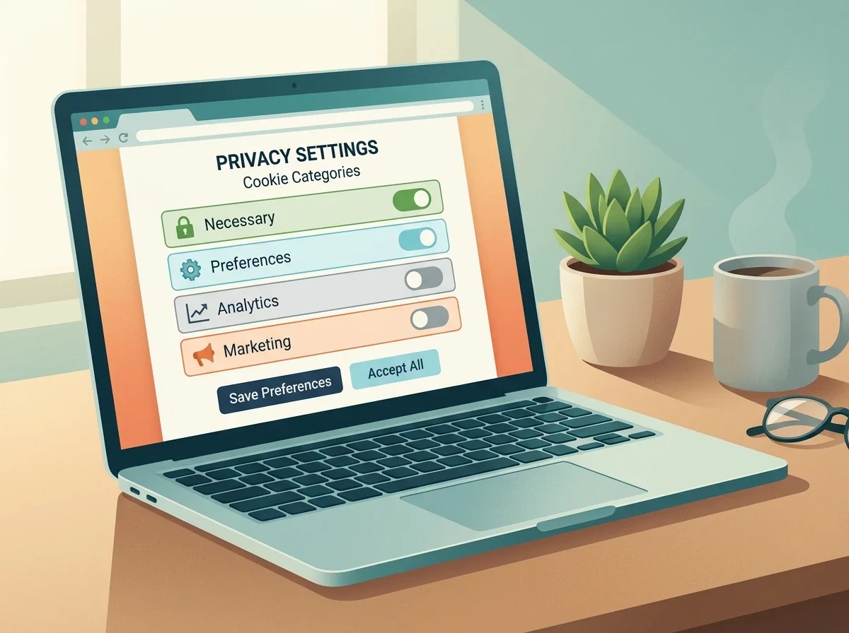 Panel de configuración de privacidad de un navegador web mostrando opciones de gestión de cookies