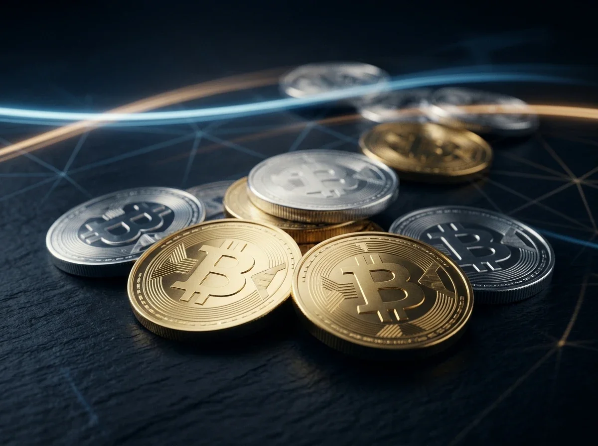 Composición editorial con monedas físicas que evocan Bitcoin y Ethereum sobre superficie oscura y trazas luminosas