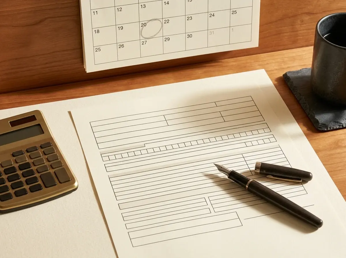 Composición de escritorio con un formulario administrativo en blanco junto a un calendario marcado y una calculadora