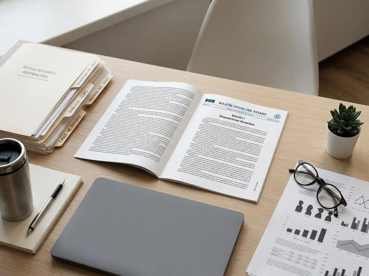 Mesa de trabajo del equipo editorial con documentación normativa sobre juego online y boletines del BOE