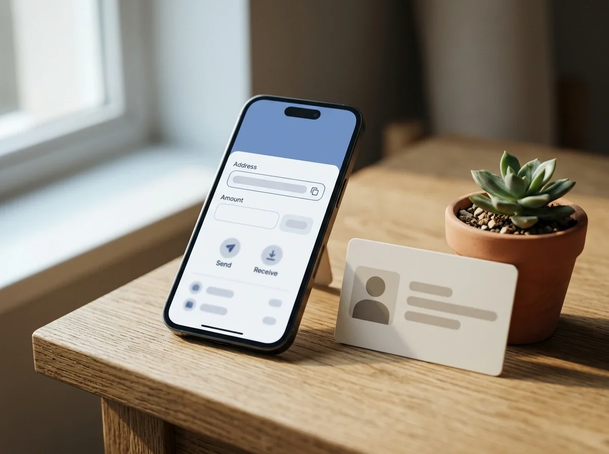 Captura simbólica de una pasarela de intercambio cripto con campos de verificación de identidad y un monedero digital