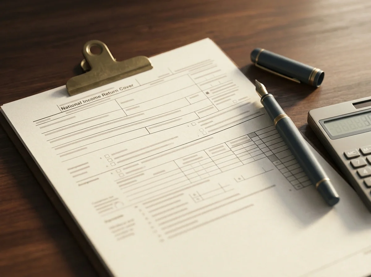 Composición editorial con un formulario fiscal estilizado del modelo 100 sobre una mesa de despacho, junto a un bolígrafo, una calculadora y un sello que evoca el procedimiento de declaración del IRPF