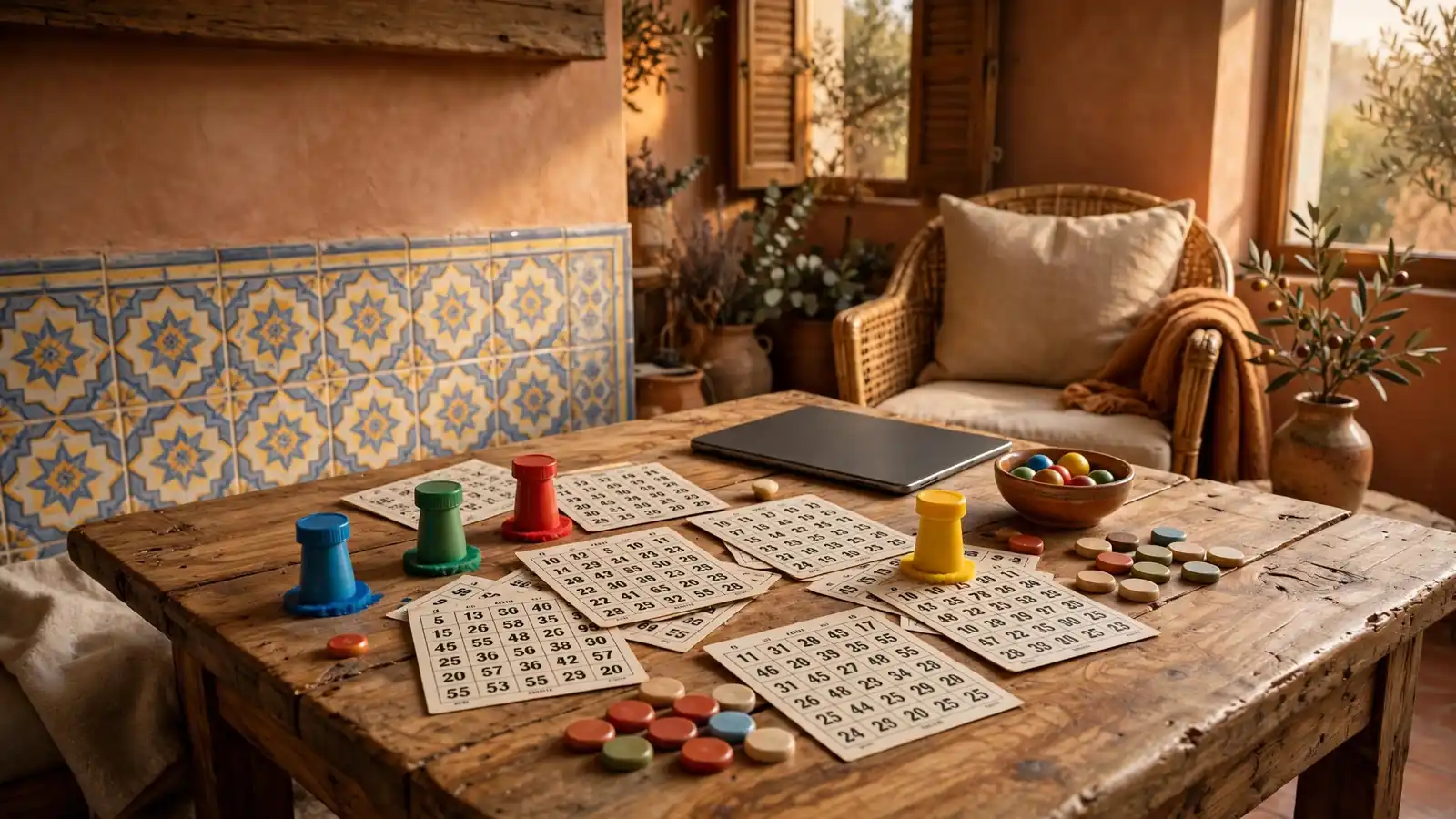 Sala de estar mediterránea con cartones de bingo tradicionales sobre mesa rústica de madera