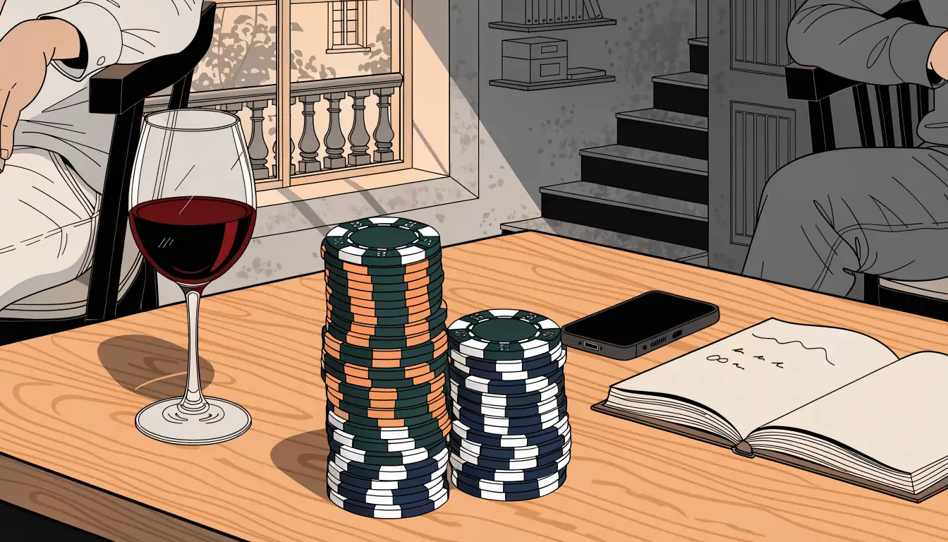 Mesa con fichas de casino, cuaderno y copa de vino bajo luz cálida