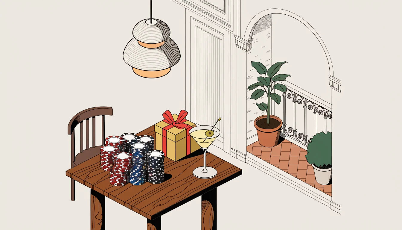 Mesa de casino española con fichas, caja de regalo dorada y ambiente mediterráneo iluminado