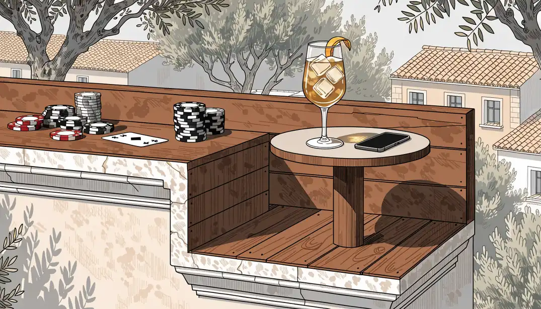 Mesa de terraza española con fichas de casino y teléfono boca abajo bajo luz dorada.