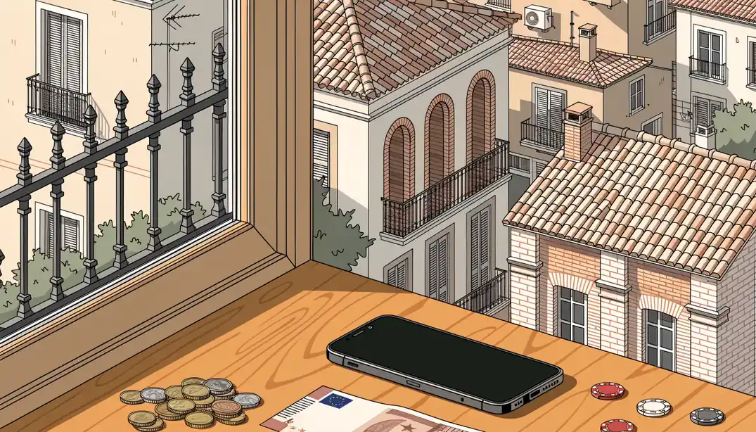 Monedas y un billete de cinco euros sobre una mesa en un apartamento español iluminado