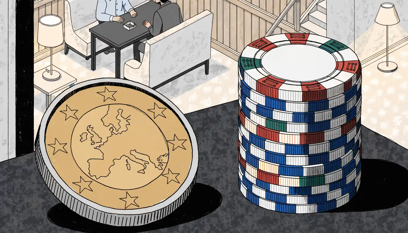 Moneda de un euro junto a fichas de casino en un salón de juego español.