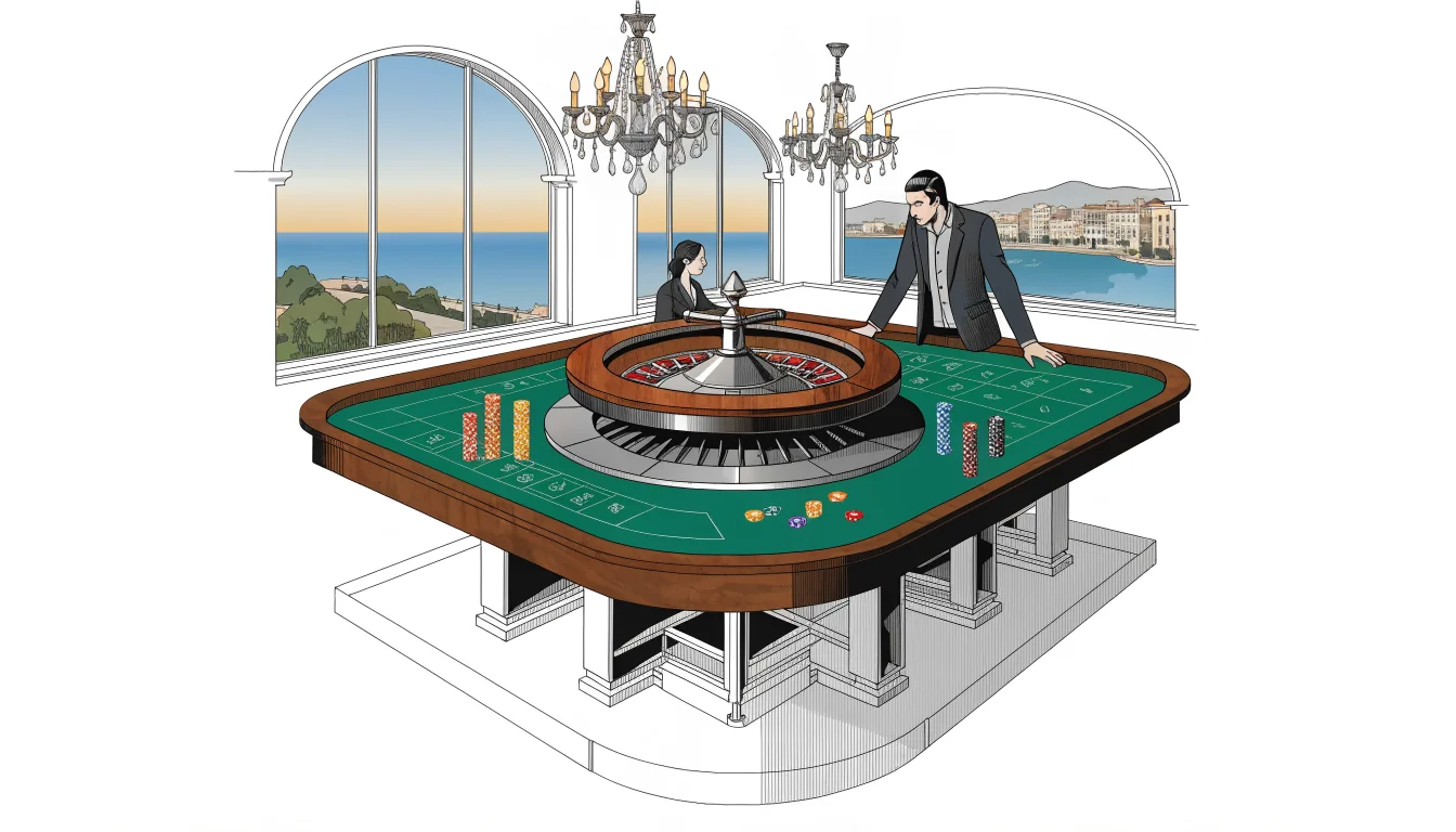Mesa de ruleta elegante en casino de Barcelona con fichas de colores y luz dorada