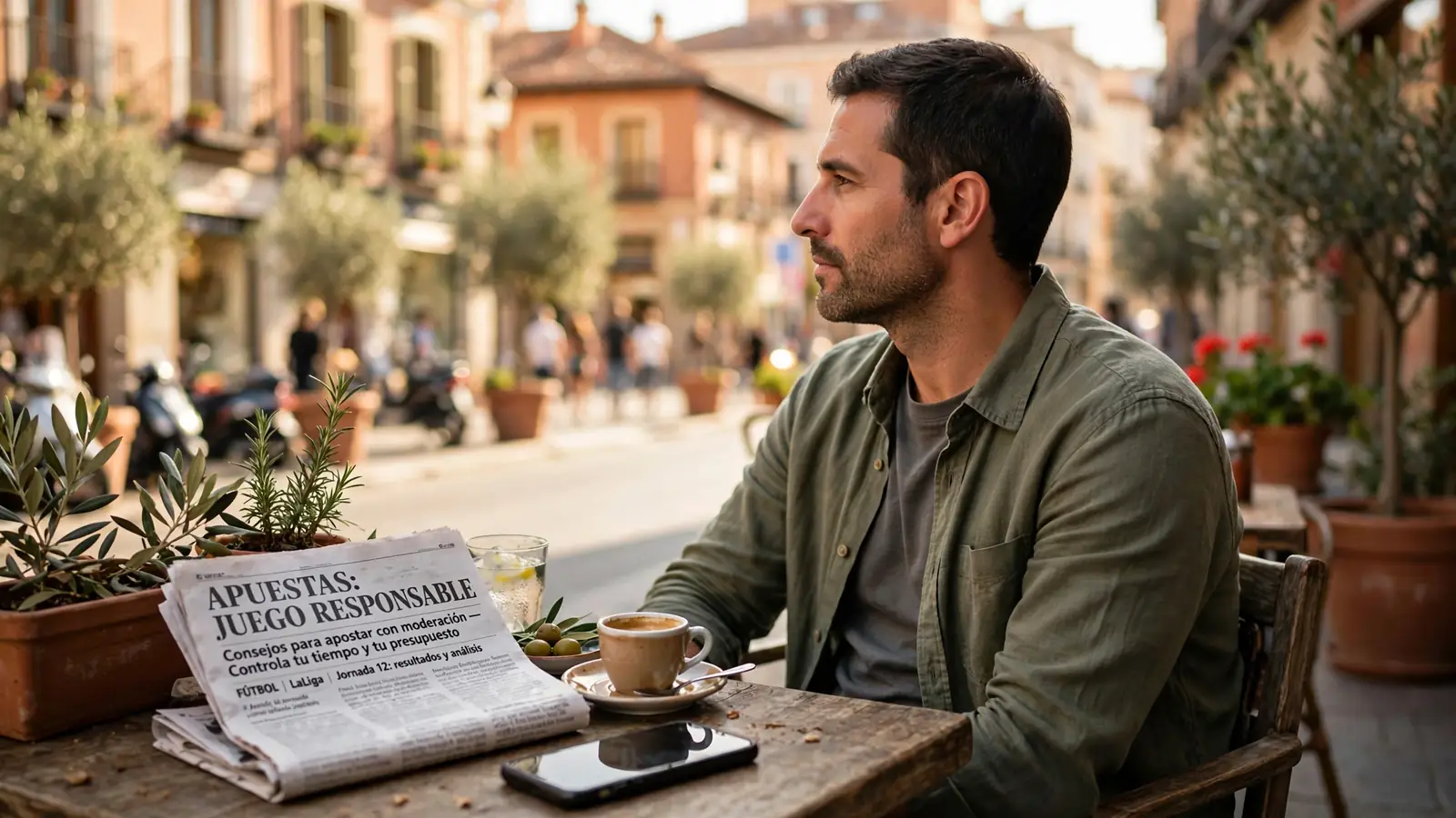 Jugador español en terraza de Madrid con teléfono boca abajo junto a café y periódico