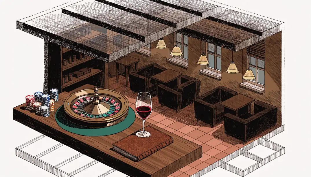 Salón estilo español con fichas de casino, ruleta apagada y copa de vino sobre la barra.