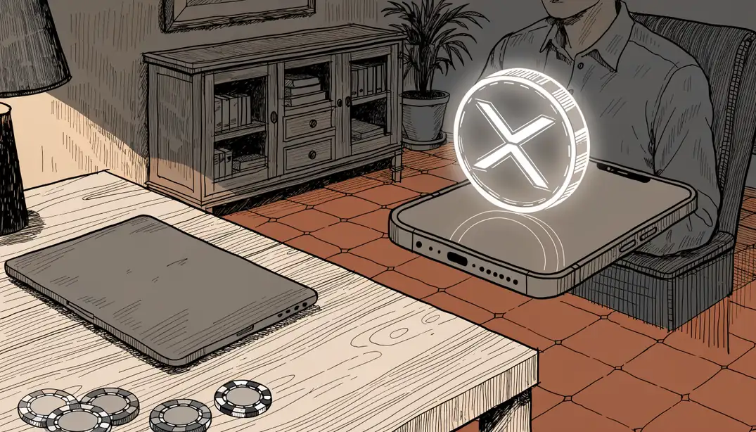 Mesa de estilo español con fichas de casino, portátil cerrado y moneda XRP iluminada junto a un teléfono.