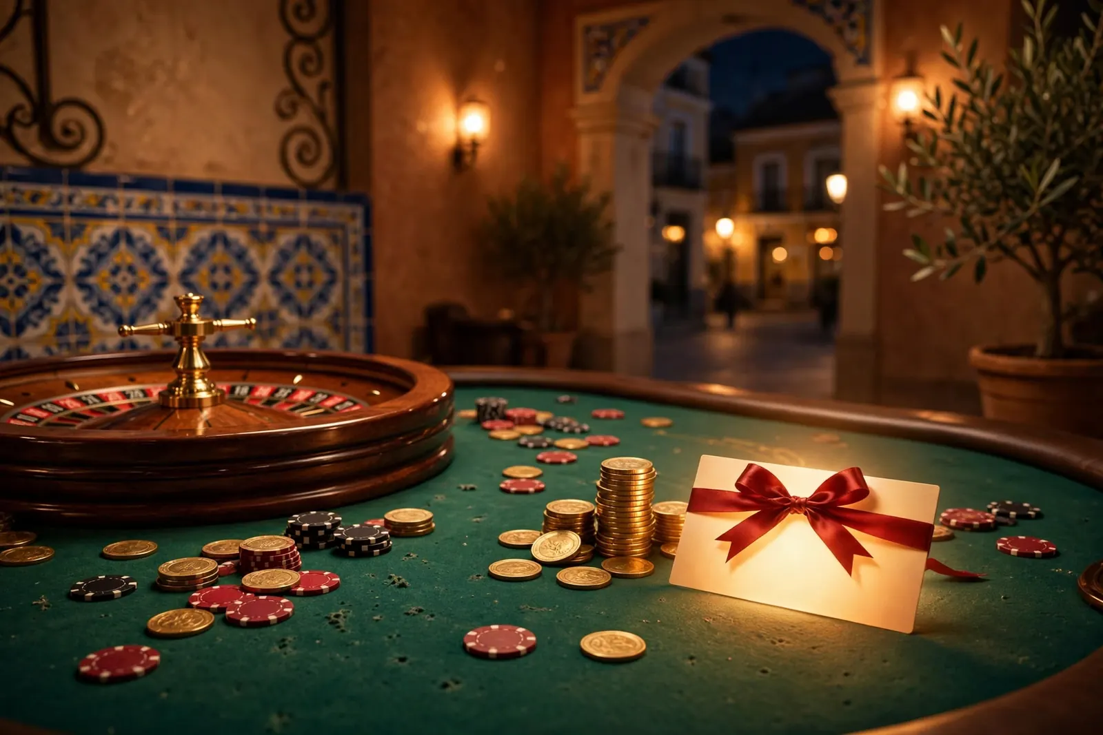 Mesa de casino española con ruleta, fichas y vale promocional