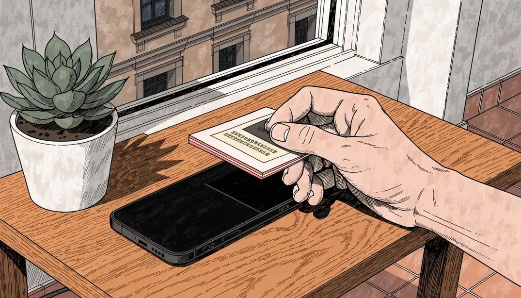 Mano sosteniendo cupón con código promocional junto a smartphone en mesa