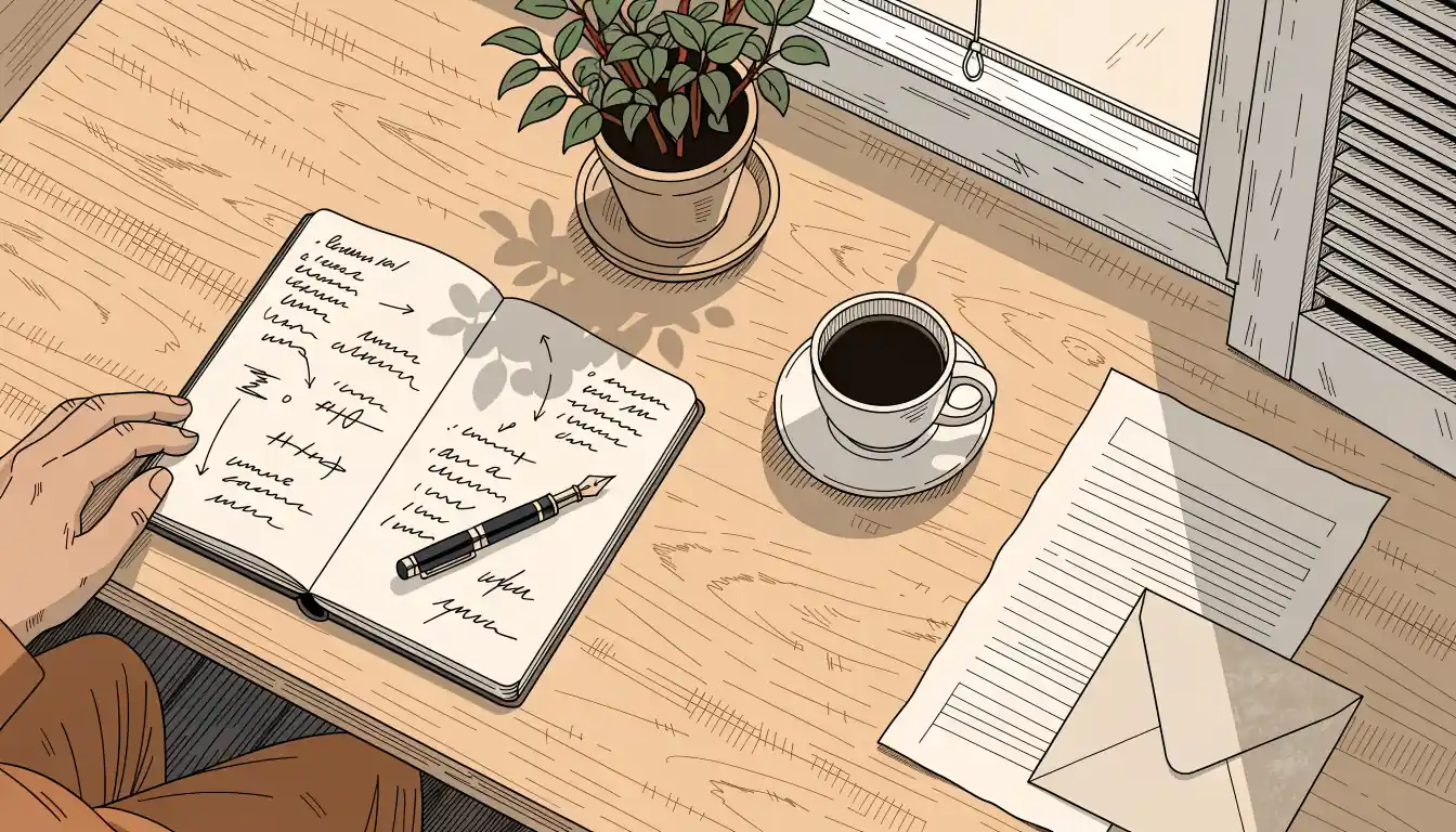 Escritorio de madera iluminado por luz dorada con libreta, sobre y taza de café.