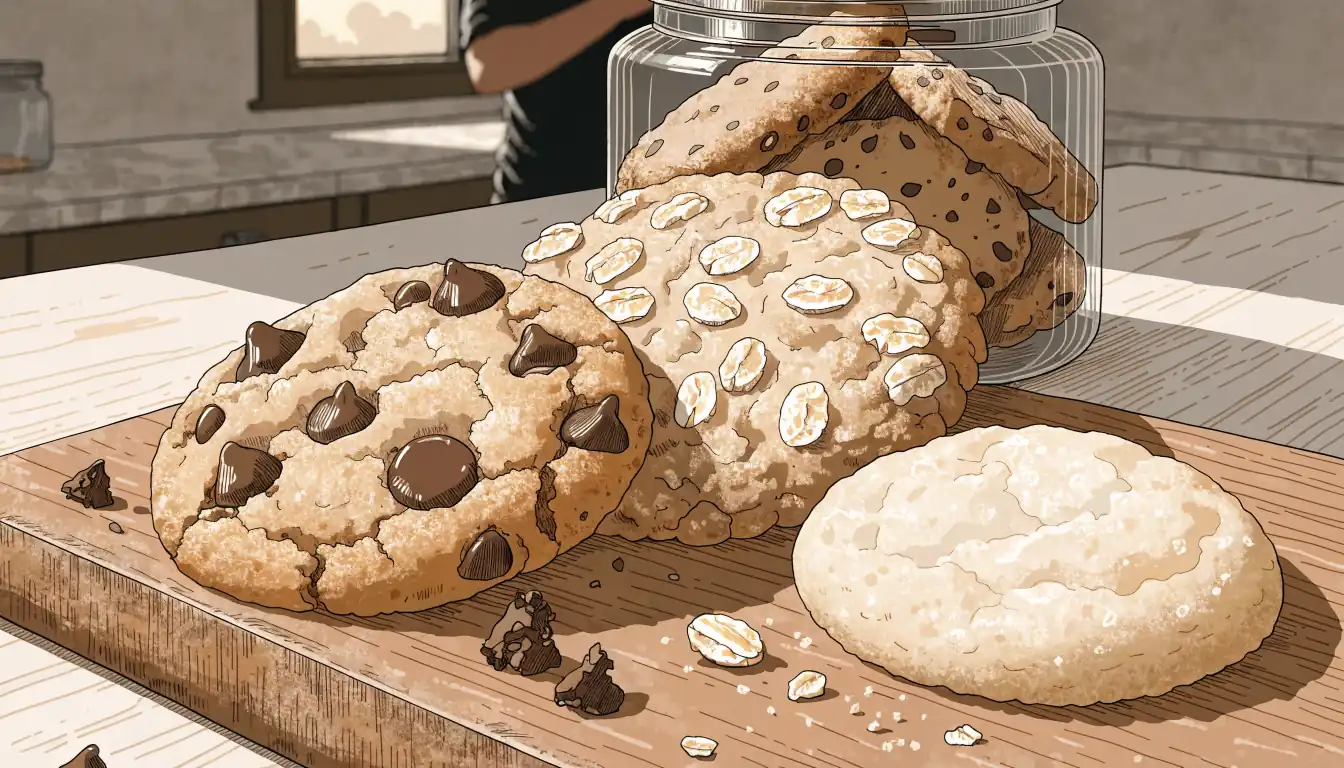 Variedad de galletas recién horneadas en una tabla de madera en una cocina soleada.