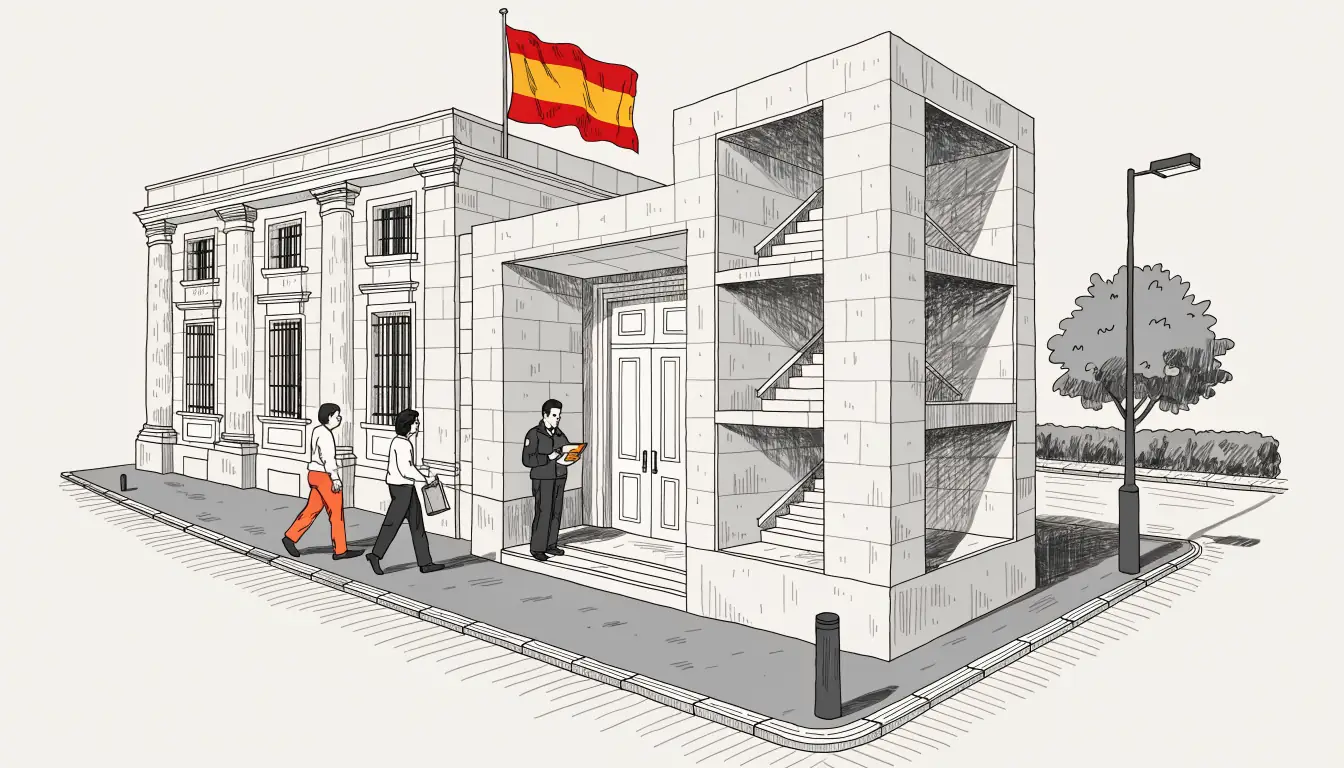 Fachada institucional española con bandera y control de acceso.