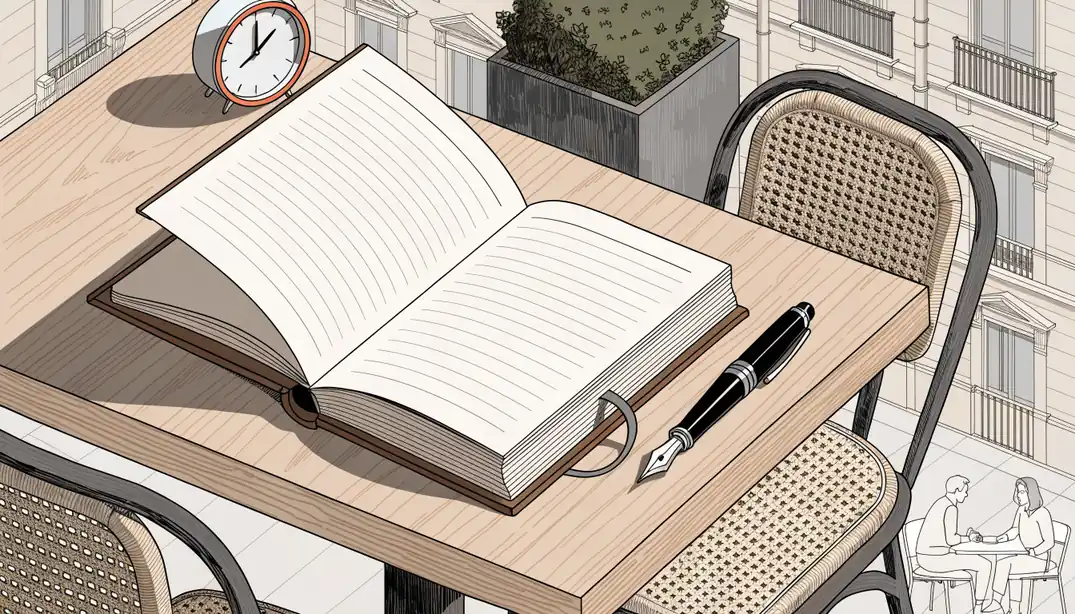 Cuaderno abierto con bolígrafo y reloj en una mesa de café.