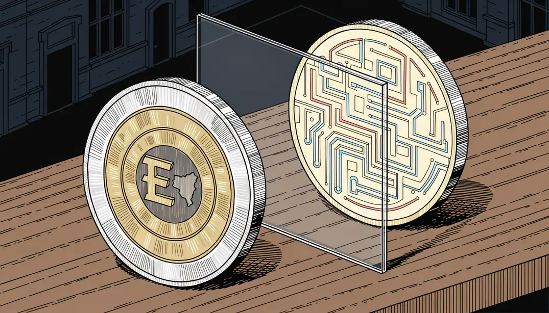 Moneda euro y ficha criptográfica separadas por un cristal.