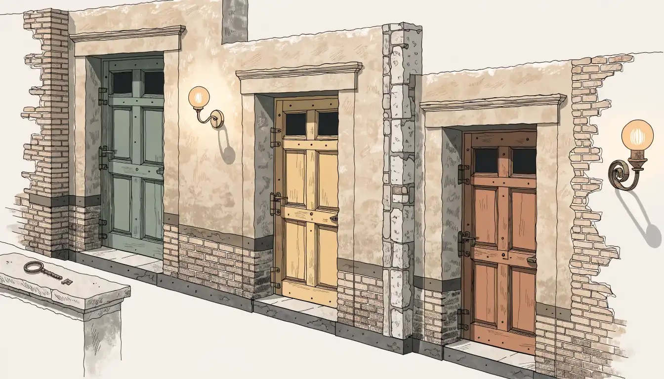 Tres puertas distintas en un pasillo institucional español.