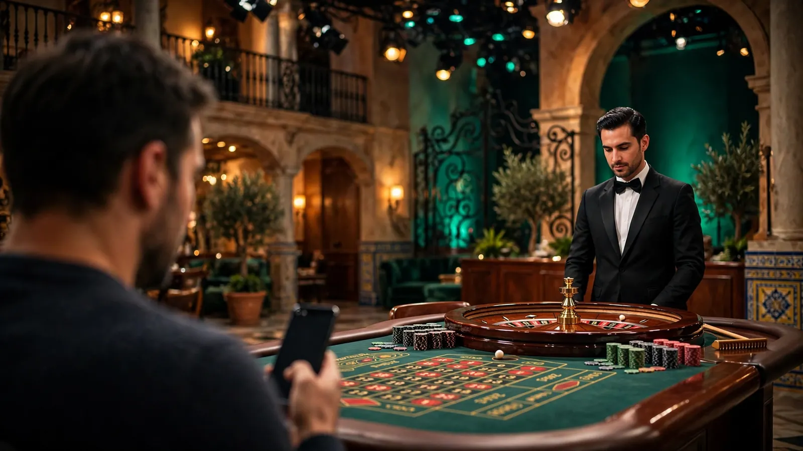 Estudio elegante de casino en vivo con crupier y mesa de ruleta