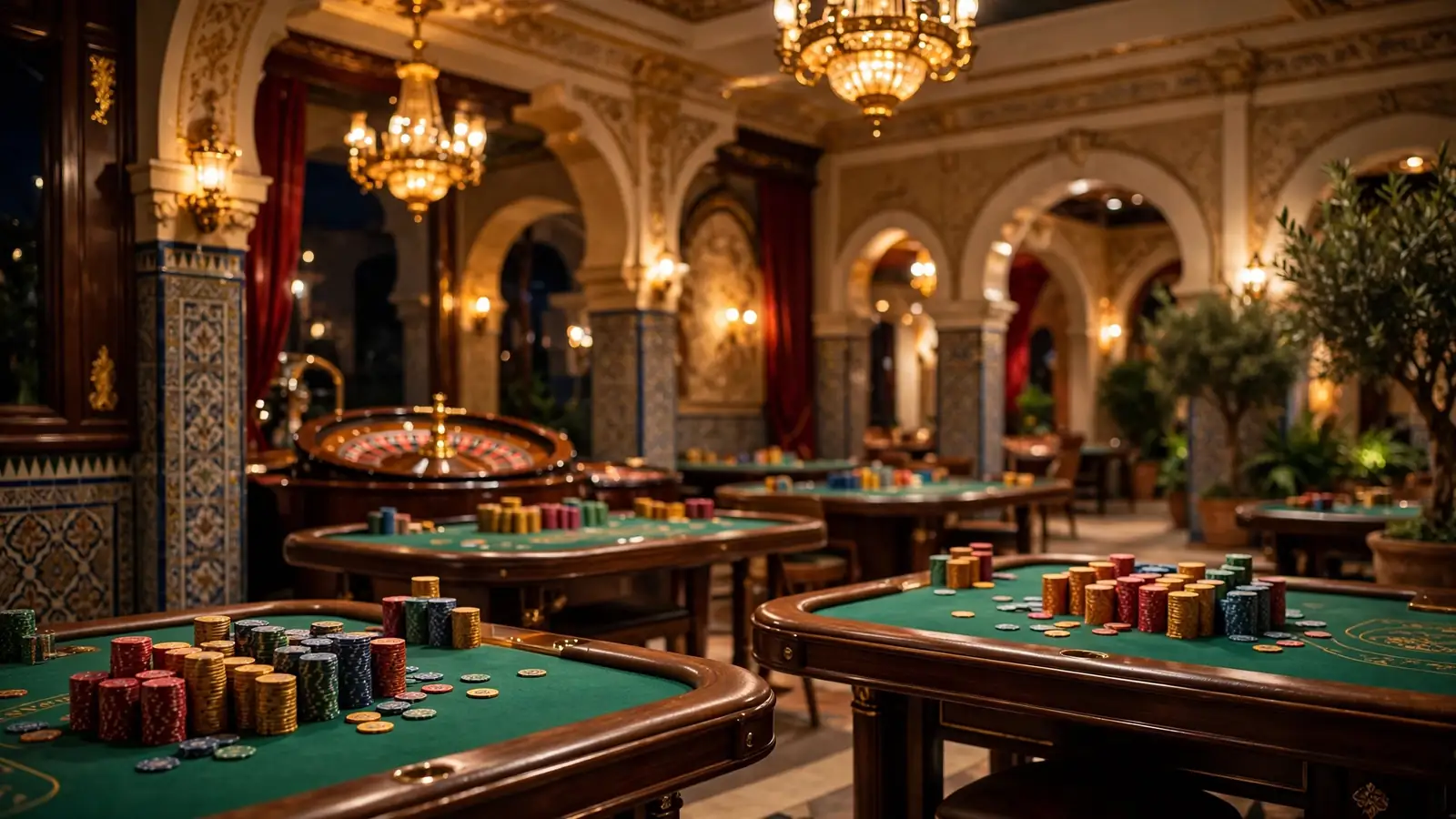 Interior elegante de un casino español con mesas de fieltro verde y fichas de colores bajo luces cálidas.