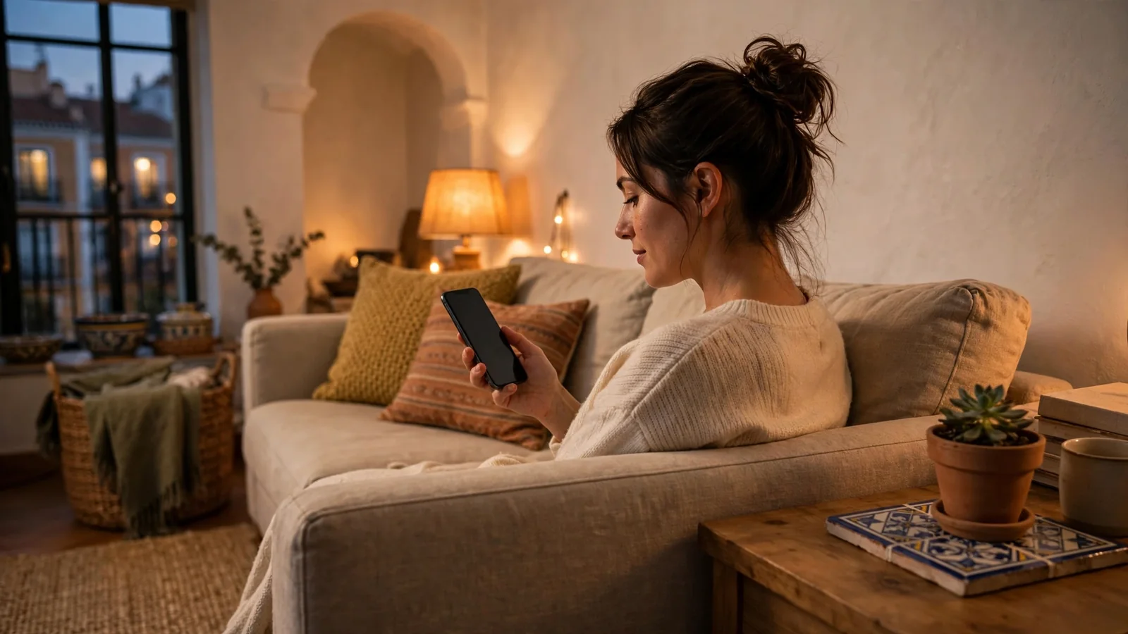 Persona relajada en salón moderno español con smartphone y luz cálida