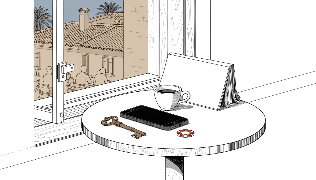 Teléfono boca abajo en mesa de terraza española con chip de casino y llave