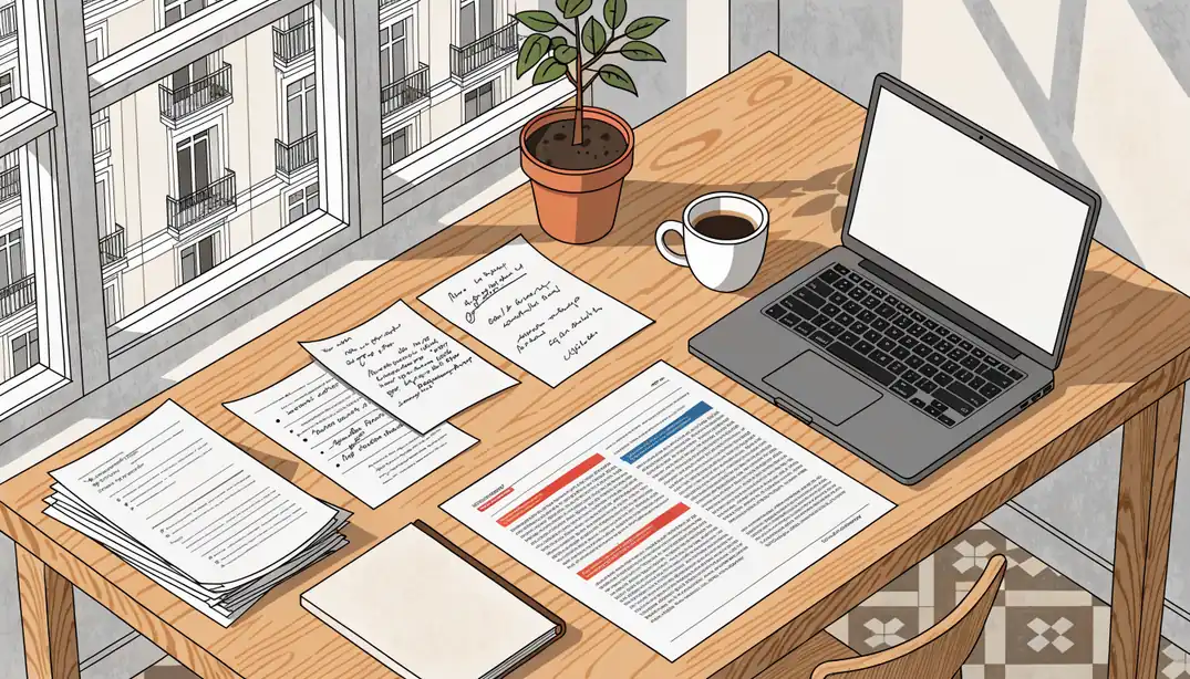 Escritorio de trabajo en un piso español, con portátil, notas y café junto a una ventana luminosa.