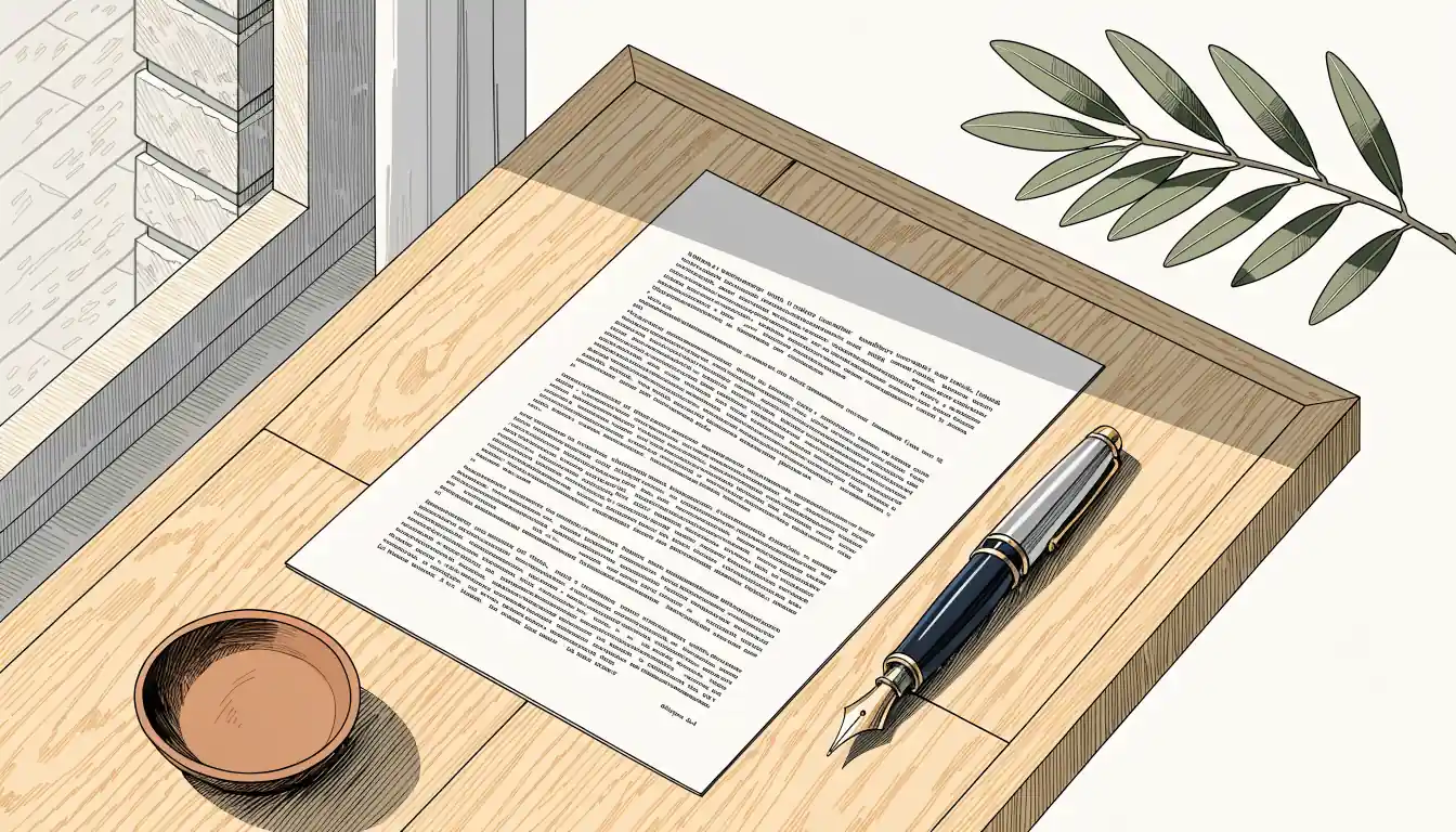 Documento legal sobre escritorio de madera con pluma estilográfica y luz cálida mediterránea