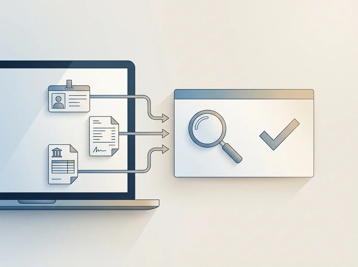 Esquema del proceso de verificación KYC en un casino sin licencia de la DGOJ, con flechas que conectan la subida del DNI, el comprobante de domicilio y el comprobante de origen de fondos a una pantalla de revisión