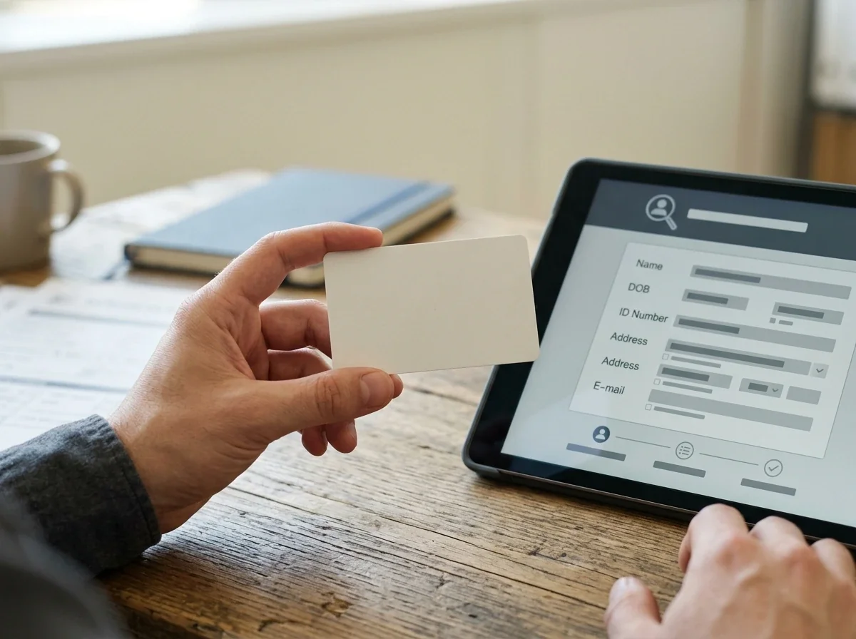 Mano de un revisor sosteniendo un documento de identidad junto a una pantalla con un formulario digital de verificación KYC parcialmente cumplimentado