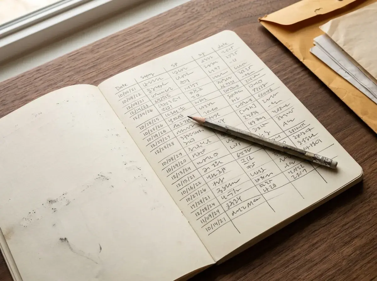 Cuaderno físico abierto sobre un escritorio mostrando una tabla manuscrita con columnas para fecha, operador, importe y referencia, junto a un lápiz y un sobre con extractos bancarios