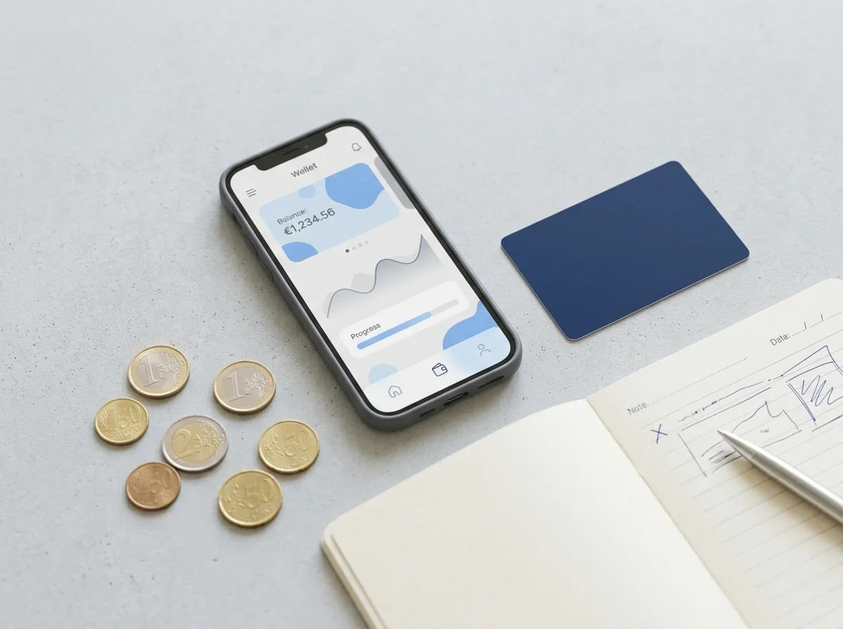 Composición editorial con una tarjeta bancaria genérica, un smartphone con interfaz de monedero electrónico y monedas euro sobre superficie clara