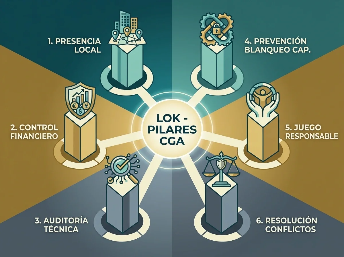 Diagrama de los seis pilares principales del régimen LOK aplicado por la Curaçao Gaming Authority