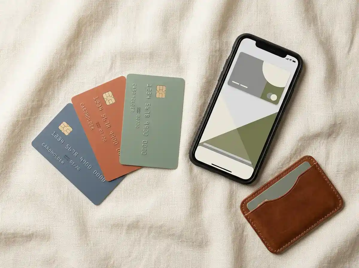 Composición editorial con tres tarjetas prepago y un smartphone genéricos sobre fondo neutro con luz suave