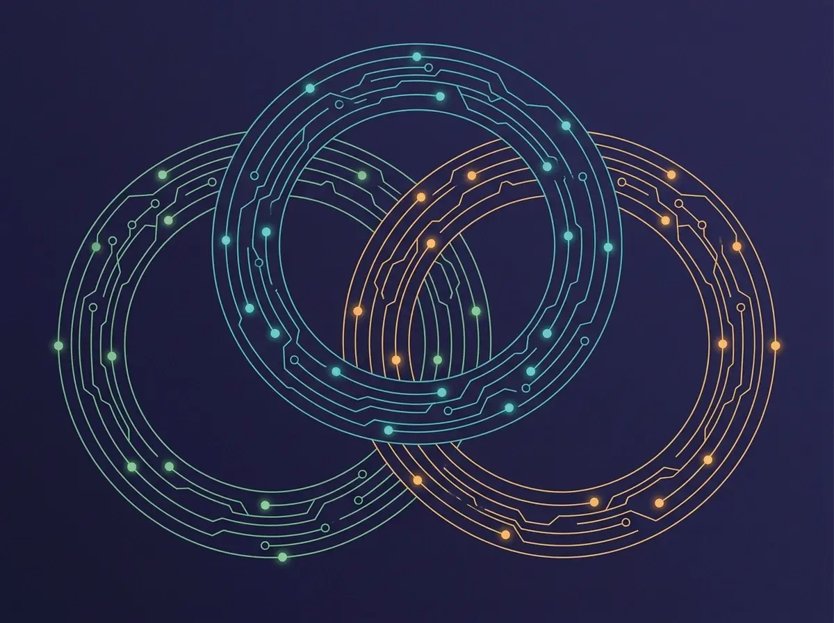 Diagrama abstracto de redes blockchain entrelazadas con nodos luminosos representando rutas de transferencia de stablecoin