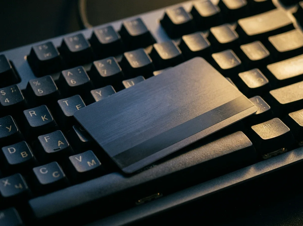 Primer plano editorial de una tarjeta bancaria genérica sobre un teclado oscuro con luz lateral cálida
